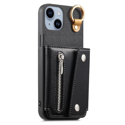 iTape Funda tipo cartera para iPhone 15, monedero con cierre de hebilla, soporte invisible, hebilla de anillo, funda de teléfono para mujer, color negro
