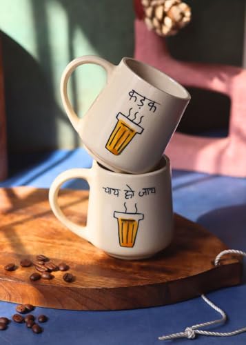 Image of WEAVING HOMES Kadak & Chai Ho Jaye Mug - Ceramic Mugs and Tea Cups for Drinking, Coffee Mugs and Coffee Cups for Travel and Office (Set of 2 /300 Ml)