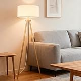 Aigostar Lampara de Pie Salon Vintage de Madera Trípode, Lampara de Pie con Pantalla de Lino e Interruptor de Pie, Compatible con Bombillas E27(Max.60W), Madera Maciza, Estilo Nórdico