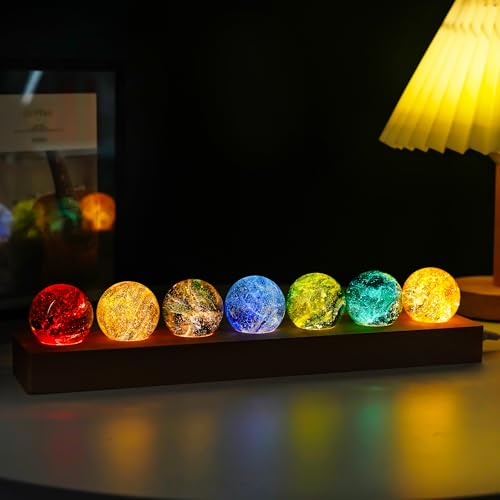 7 Chakra Crystals Spheres Sets 40mm Crystal Healing Ball with LED Wooden Stand for Meditation Night Light Decoration Balls for Home Office Decor Gifts