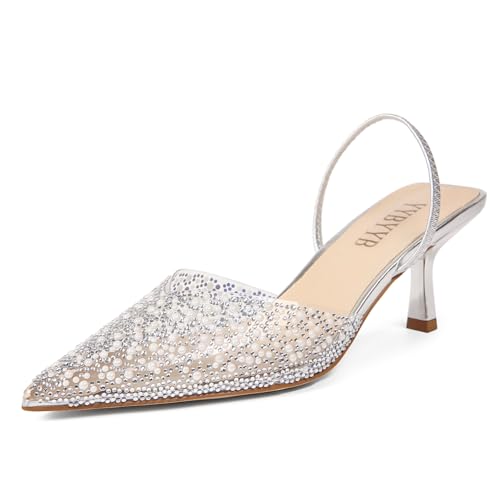 Women's Kitten Heels Pearl Closed Pointed Toe Pumps Rhinestone Slingback Heels Wedding Bride Dress Shoes