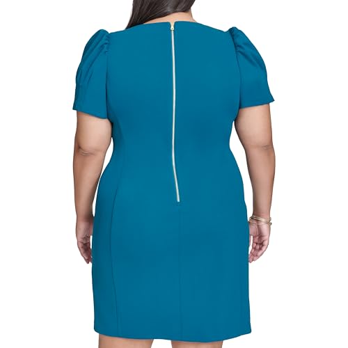 Image of DKNY Women's Short Puff Sleeve Knee Length Sheath Dress with Exposed Back Zipper