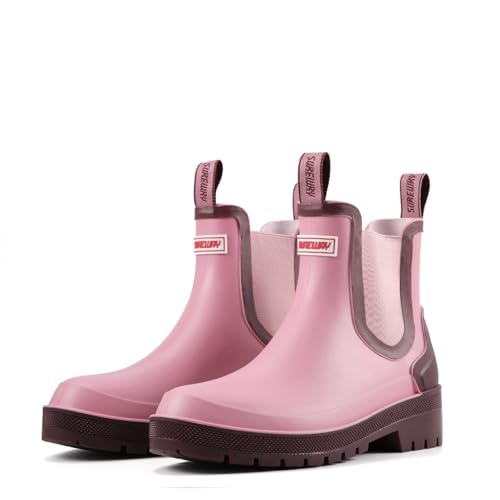 SUREWAY Women's Short Ankle Rain Boots,Waterproof Rubber Garden Shoes,Slip Resistant Chelsea Rain Boots For Ladies,Pink,Size 8