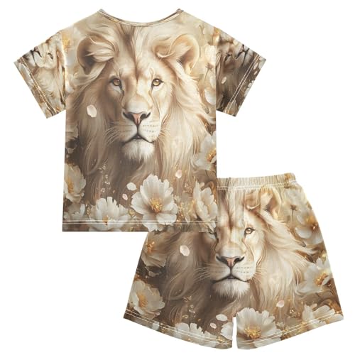 ALAZA White Lion Blossom Animal Pajamas Set Short Sleeve Cotton Sleepwear Summer Pjs 2 Piece 5-14Y2