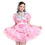 Women Sissy Maid Bow Satin Puffy A-Line Dress Crossdress (X-Large) Pink
