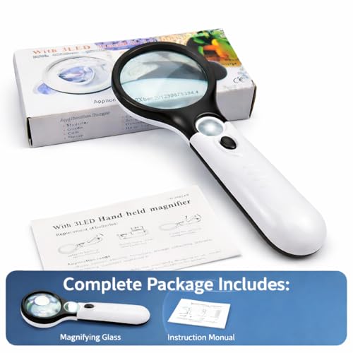 Image of LABART Magnifying Glass with 3 Led Light 3X & 45X Big Size Zoom Lenses for Seniors, Book and Newspaper Reading, Eyelash Extensions Magnifier Glass (Black and White) with 1 Year Warranty