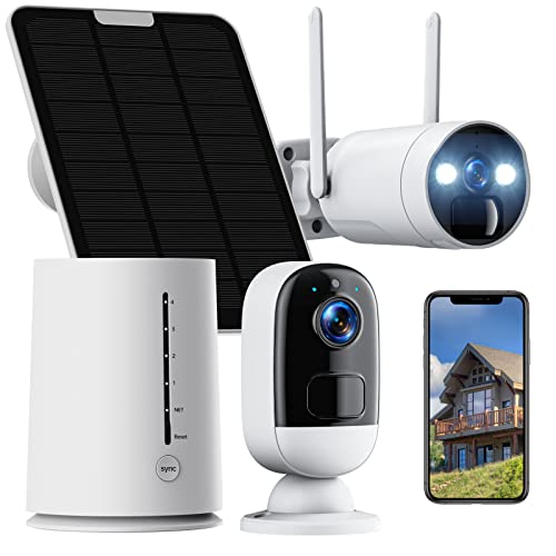 【4CH Expandable】 3MP Wireless Security Camera System Outdoor, Solar Powered Camera System with Color Night Vision, Motion Detection& Siren,2-Way Audio, Cloud/SD Storage
