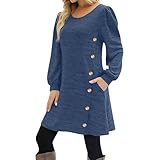 Damen Kleider Elegante Etuikleid Freizeit Sommerkleid Modische Partykleid Kleid Langarm Klassische Frühlingskleid Weich Freizeitkleid Trägerkleid mit Knopfleiste und Taschen Blau L