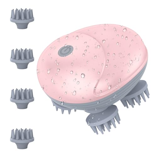 Ankilo Elektrisches Kopfmassagegerät,Kabelloses Handmassagegerät mit 4 Knetköpfen Austauschbar,Kopfhaut-Massagegerät,Katzen Massagegerät,für Ganzkörpermassage,HundeköRper,Haarwachstum Rosa