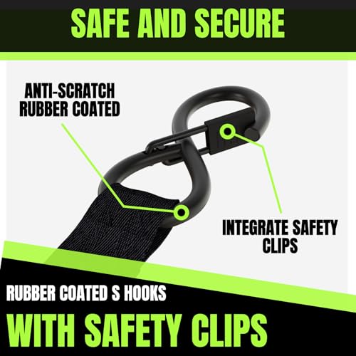 Image of Retractable Ratchet Straps, 4-Pack, 1 Inch x 12 Feet Heavy Duty Tie Downs, 1760lb Break Strength, Self Retracting for Truck, Cargo, Trailer, Motorcycle, ATV, UTV (Black-Green, 4pack)