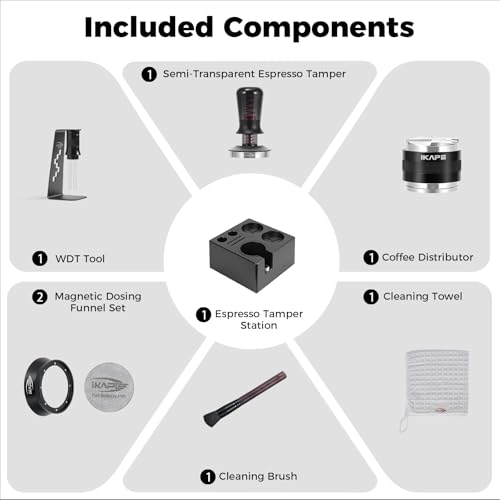 IKAPE 53MM Black Espresso Tool Set 8 IN 1, Coffee Tamper, Distributor, Magnetic Funnel, Puck Screen, Tamper Station, Stirrer Distribution Tool, Cleaning Towel and Brush