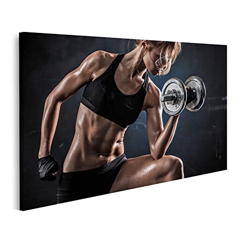 islandburner Bild auf Leinwand Fitness Hanteln Brutal Athletische Frau Pumping Up Muskeln Wandbild Poster Kunstdruck Bilder