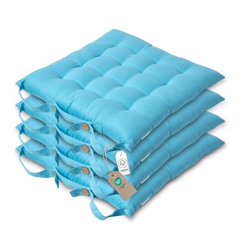 Homescapes 4er Set Stuhlkissen 40x40 cm hellblau – Sitzkissen Outdoor/Indoor mit Baumwollbezug, Sitzpolster waschbar und Oeko-TEX-Zertifiziert für Esszimmer-, Küchen- & Gartenstühle