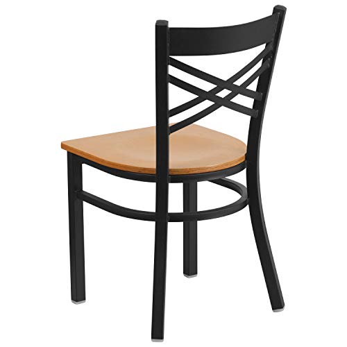 Image of Flash Furniture HERCULES Series Black ''X'' Back Metal Restaurant Chair - Natural Wood Seat