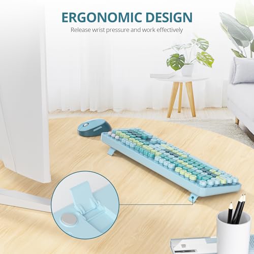 Image of Owpkeenthy Blue Keyboard and Mouse Wireless，Cute Typewriter Keyboard Wireless 2.4GHz Full-Size with Retro Round Keycaps for Desktop, Laptop and Computer(Coloful Blue)