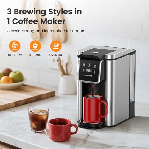 Image of Horavie Single Serve Coffee Maker for K-Cup Pod & Grounds, Hot & Iced Coffee Maker, Strong Button Feature, 6 to 14oz Brew Sizes, 50oz Removable Reservoir, Fit 6.5 inch Mugs, Stainless Steel, Black