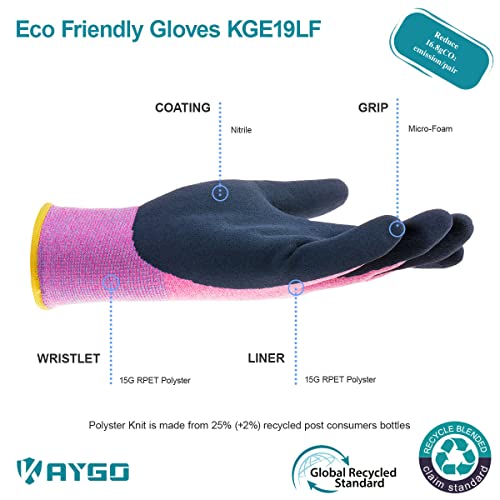 Kaygo Work Gloves For Women Kge19L Eco Friendly Gloves With Breathable Rubber Coated, 3 Pairs,Small #TOP2