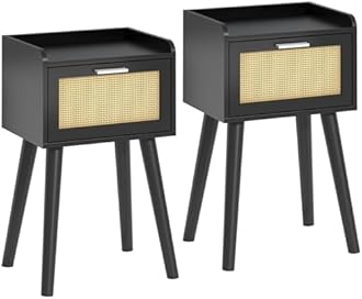 LAATOOREE Nightstand Set of 2, Small Black Bedside Table, End Table with Rattan Door, Boho Side Table with Solid Wood Legs for Bedroom Living Room Small Space