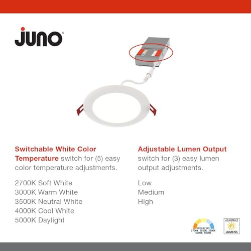 Image of Juno WF4 ALO19 SWW5 90CRI MVOLT MW M6 Canless LED Wafer Downlight, Switchable White 2700K-5000K, Adjustable Lumens, Flat Trim, Matte White, 4-Inch
