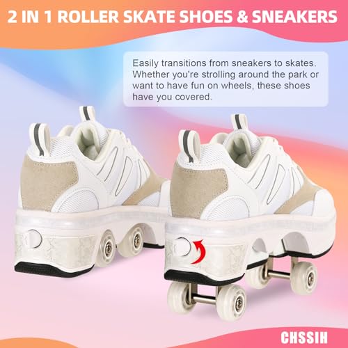 Image of Roller Skates for Women /Girls, Retractable Kick Roller Shoes with Wheels for Men, Outdoor Quad Wheel Rink Skates Adjustable Deformation Sneakers for Adult /Boys