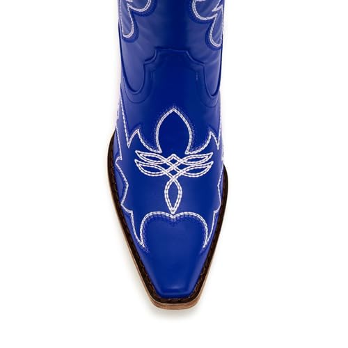 Image of Uillnoodu Women's Turquoise Cowgirl Boots - Wide Calf Mid Calf Western Boots Plus Size Embroidered Cowboy Style with Block Heel