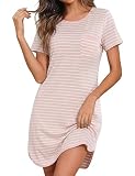 Demegimi Damska koszula nocna, z krótkim rękawem, bawełna, letnia bielizna nocna, okrągły dekolt, w paski, S-XXL, Rosa, S