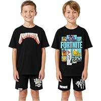 Fortnite Pyjama Jungen 7-16 Jahre, 2er-Pack Kurz Schlafanzug Kinder mit Kurzarm T-Shirt, Baumwolle Sommer Nachtwäsche, Geschenke für Kinder (9-10 Jahre, Schwarz/Multi, 2 Pack)