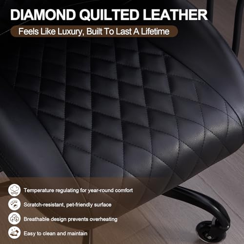 Image of Office Chair with Rubber Wheels, Ergonomic Computer Chair 500 lbs, Leather Desk Chair with Lumbar Support, Executive Chair Adjustable Height & Recline, Black | Ergonomic, Lumbar Support, 360 Swivel & Rolling Wheels, Adjustable Height, for Adults & Women