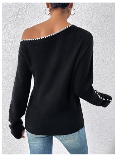WDIRARA Women's Pearls Beaded One Cold Shoulder Sweater Long Sleeve Asymmetrical Knit Top2