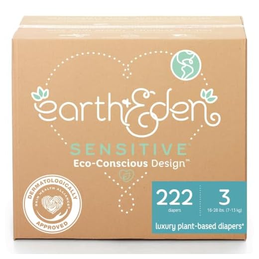Earth & Eden Sensitive | Eco-Conscious & Hypoallergenic Diapers | Size 3 | 222 Count