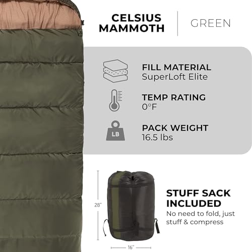 Image of Teton Mammoth Queen Size Double Sleeping Bag- A Warm Bag the Whole Family can Enjoy - Great for Camping, Hunting and Base Camp. Compression Sack Included