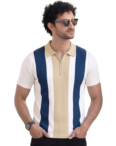 AUSK Men's Zip‑Collar Polo – Cotton‑Rich Knit, Half Sleeves, Modern Panel Design, Regular Fit