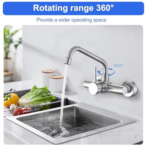 Spalivivre Wasserhahn Wandmontage, 360° Drehbare Mischbatterien aus Edelstahl, Küchenarmatur Wand Mischbatterie, Matt