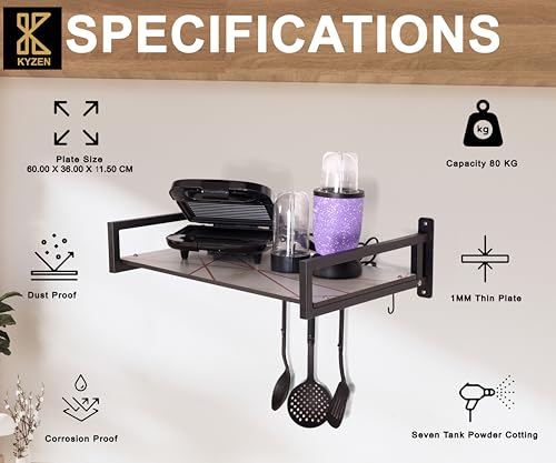Image of KYZEN Deluxe Wall Mount Microwave Oven Stand with Pot Rack, 5 Hooks & Storage Container | Heavy-Duty Shelf for Microwave, OTG, Air Fryer, Grinder & Kitchen Organization (Marble) Appliances WM Delux M