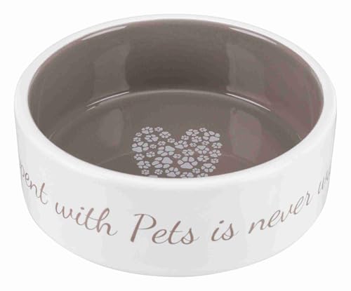 Trixie Keramiknapf Pet's Home – Fressnapf für Hunde & Katzen – mit Herzmotiv – für Futter, Wasser und Milch – spülmaschinenfest – 0,3 l/ø 12 cm – Creme/Taupe – 25053