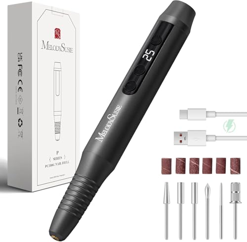 MelodySusie Cordless Nail File,PC180G Electric Nail Drill for Acrylic Gel Nails 25,000RPM Professional Portable Nail Efile Manicure Pedicure Polishing Tool with Nail Drill Bits,Sanding Bands, Black