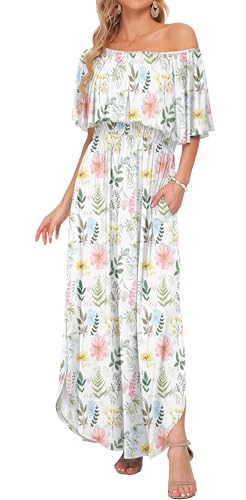 Image of AUSELILY Womens Off Shoulder Ruffle Split Summer Maxi Dresses with Pockets | Off-shoulder Ruffle dress with empire waist & side split for summer beach and casual parties