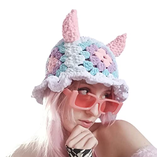 Girl Y2K-theme Party Hat Knitted Hat Balaclava-hat Thicken Fisherman Hat Horn Hat Dreamy Blue Color