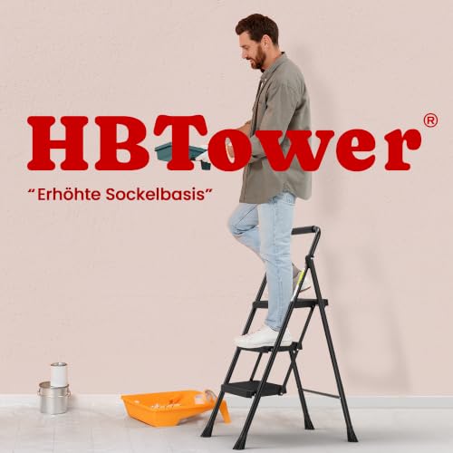 HBTower Trittleiter 3 Stufen klappbar, Leiter mit Breitem Anti-Rutsch-Pedal, Trittleiter mit Bequemer Handlauf, Tragbarer Tritthocker aus Stahl, Schwarz
