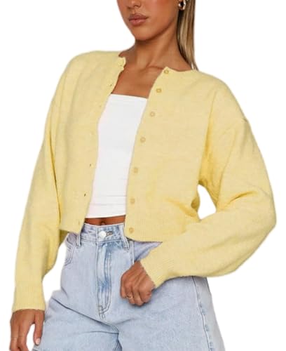 Image of Faretumiya Women Y2k Button Down Crop Sweater Cardigan Long Sleeve Open Front Crewneck Cardigan Cute Knit Pullover Tops(Yellow,Medium)