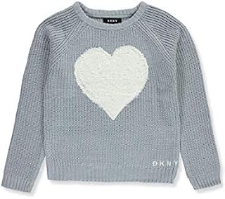 DKNY Girls Long Sleeve Fashion Pullover Sweater, Light Grey/Fur Heart, Medium (8/10)