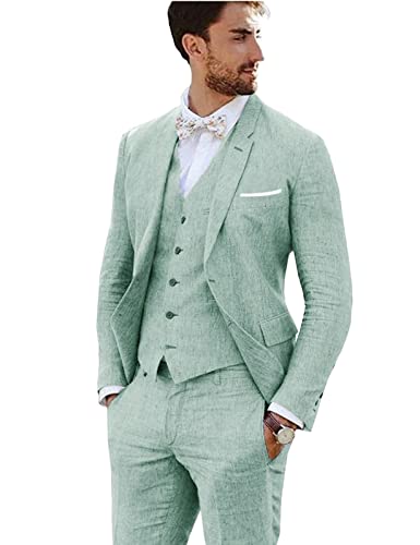 Furuyal Leinenanzug, 3-teilig, Vintage-Retro-Stil, Hochzeit, Abschlussball, Anzüge, schmale Passform, Jacke, Blazer, Bräutigam, Smoking, Hellgrün, L