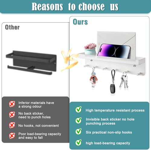 BINYI Colgador de Llaves para Pared Cuelga Llaves Pared Percheros Pared con Estante y 6 Ganchos Key Holder Wall Cuelgallaves Casa Llavero Pared para Entrada Salón Cocina Pasillo Oficina (Blanco) - imagen 4