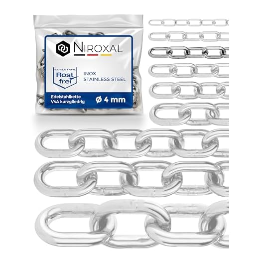 25-meter 4-mm tjock rostfri kätting V4A styckevara från NietFullThings Ankarkedja DIN 5685 DIN 766 metervara Rostfri Niro Inox rundlänkad kätting Avspärrningskätting Bojkätting 25-m