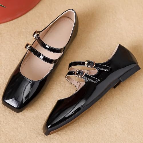 WENJIAZHIZHI Women's Square Toe Ballet Flats Classy Double Buckle Double Buckle Patent Leather Mary Janes Dual Straps Dressy Shoes3