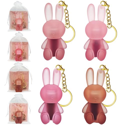 4 Farben Cute Rabbit Matte Liquid Lipstick Set, 2 IN 1 Bunny Lipgloss Schlüsselbund Lippenstift, Velvet Lip Glaze, Erzeugt Feuchte Lippenfarbe, Ostern Lipgloss für Mädchen Frauen