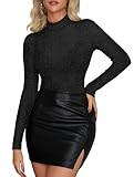 Diosun Womens Mesh Sheer Glitter Tops Turtleneck Long Sleeve Sexy See Through Sparkly Layering Shirts(M, Black)