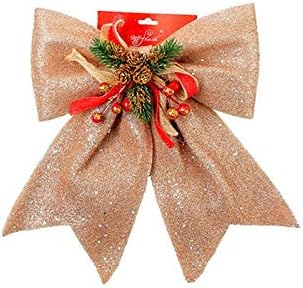 4PCS Glitter Christmas Bow 11.8x13.8inch Christmas Tree Bow Knot with Artificial Red Berries Pine Cones Pine Needles Stem Holiday Decorative Bows for Indoor Outdoor Wreath Xmas Tree Decor (Rose Gold)
