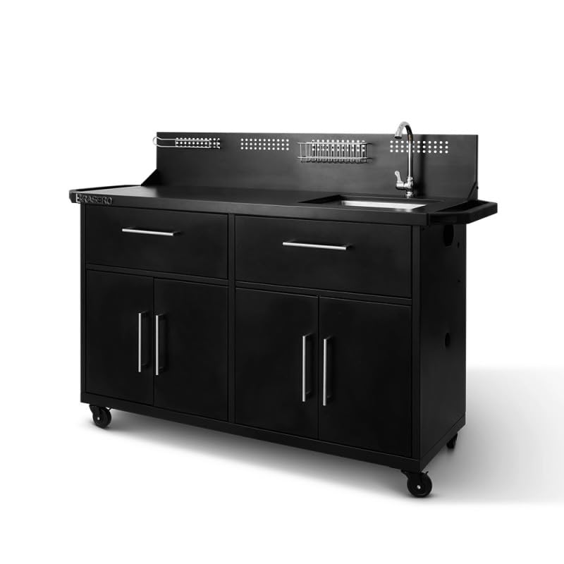 BRASERO by FAVEX – Station Pro Cuisine d'extérieur pour plancha 2 à 3 Feux – Évier INOX intégré – Planche à découper – 155 x 55 x 113 cm