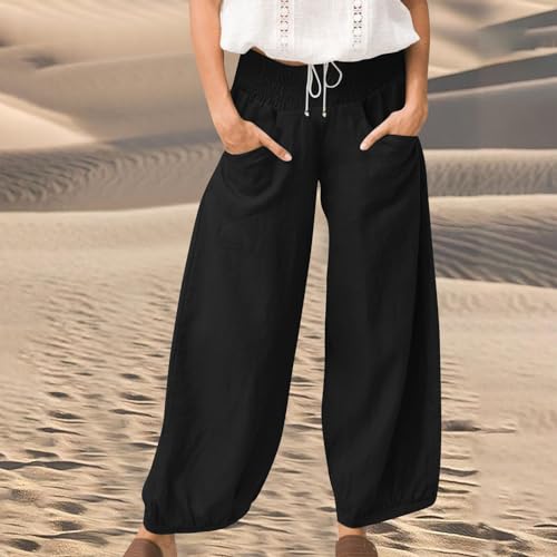 Linen Pants Women Smocked Elastic Waist Casual Summer Palazzo Pants Boho Baggy Wide Leg Trousers with Pockets2
